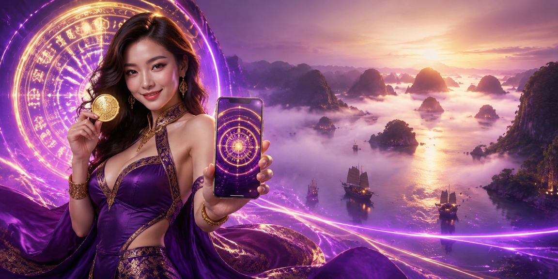 Màn hình điện thoại hiển thị casino trực tuyến với ánh đèn neon trên nền vịnh Hạ Long về đêm